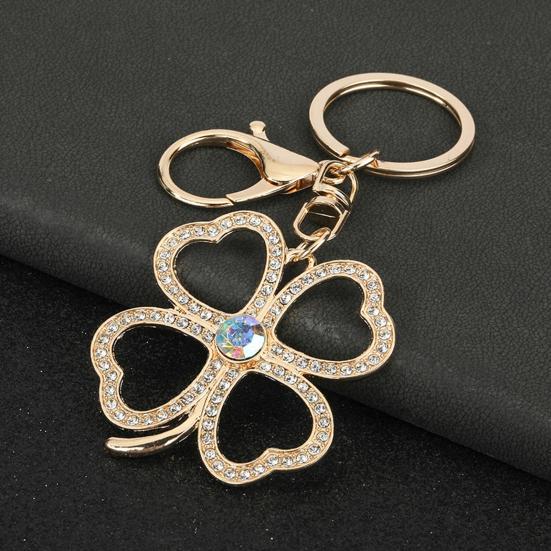 Keychain Pendant Rhinestones Four Leaf Clover Design Zinc Alloy Key Chain with Lobster Clasp Easy to Hang Key Holder Backpack Car Accessory