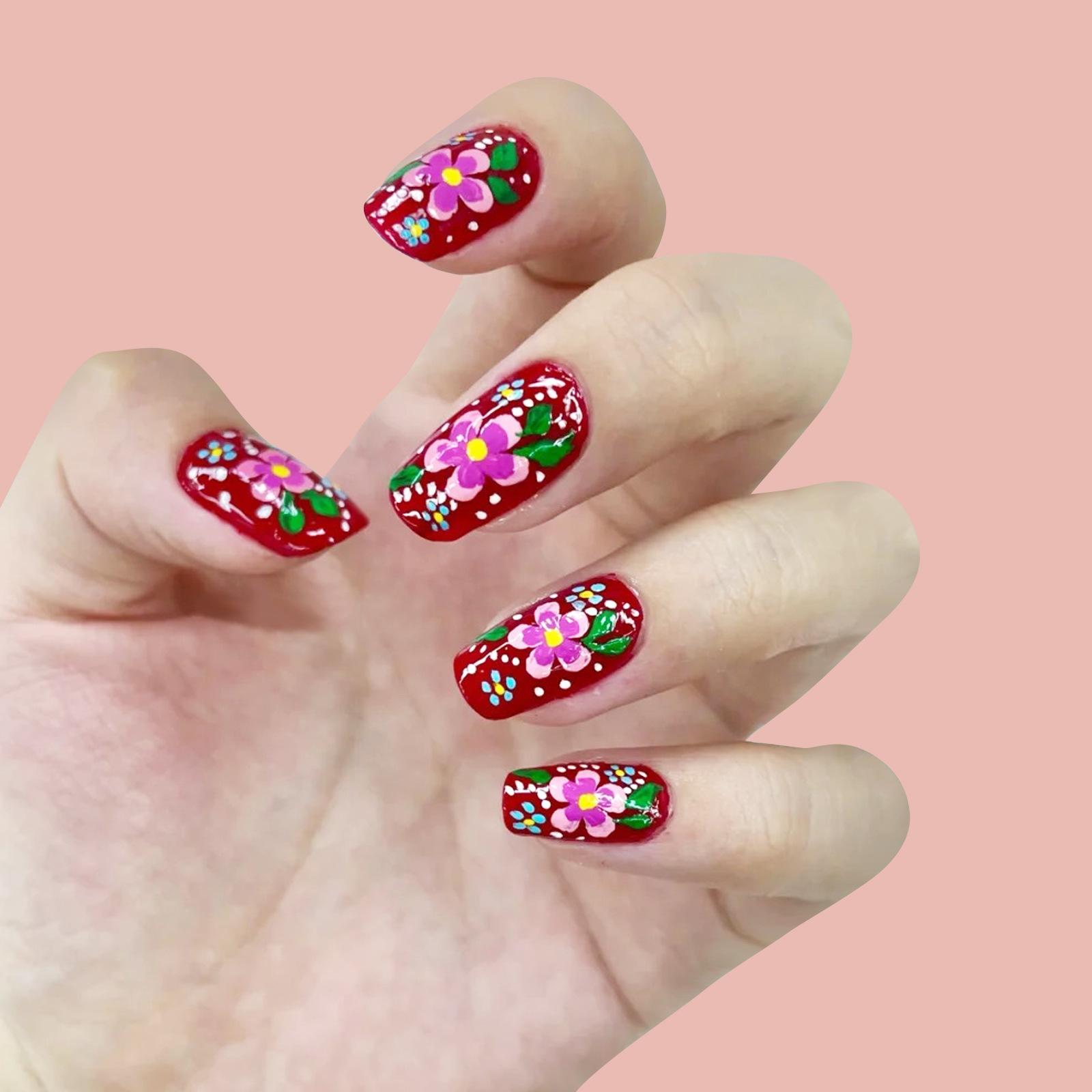 

Накладной ноготь, накладной ноготь, элегантный ретро французский цветок, готовый дизайн ногтей