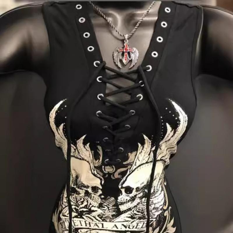 Dámské módní tričko Skull Printed Tie Rope