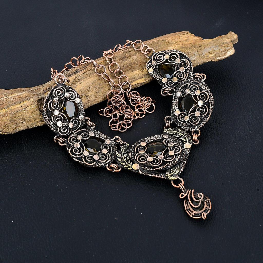 Smoky Topaz Necklace Gemstone Jewelry, 999 Copper Wire Wrapped Adjustable Chain Necklace, Gift For Women Handmade Necklace