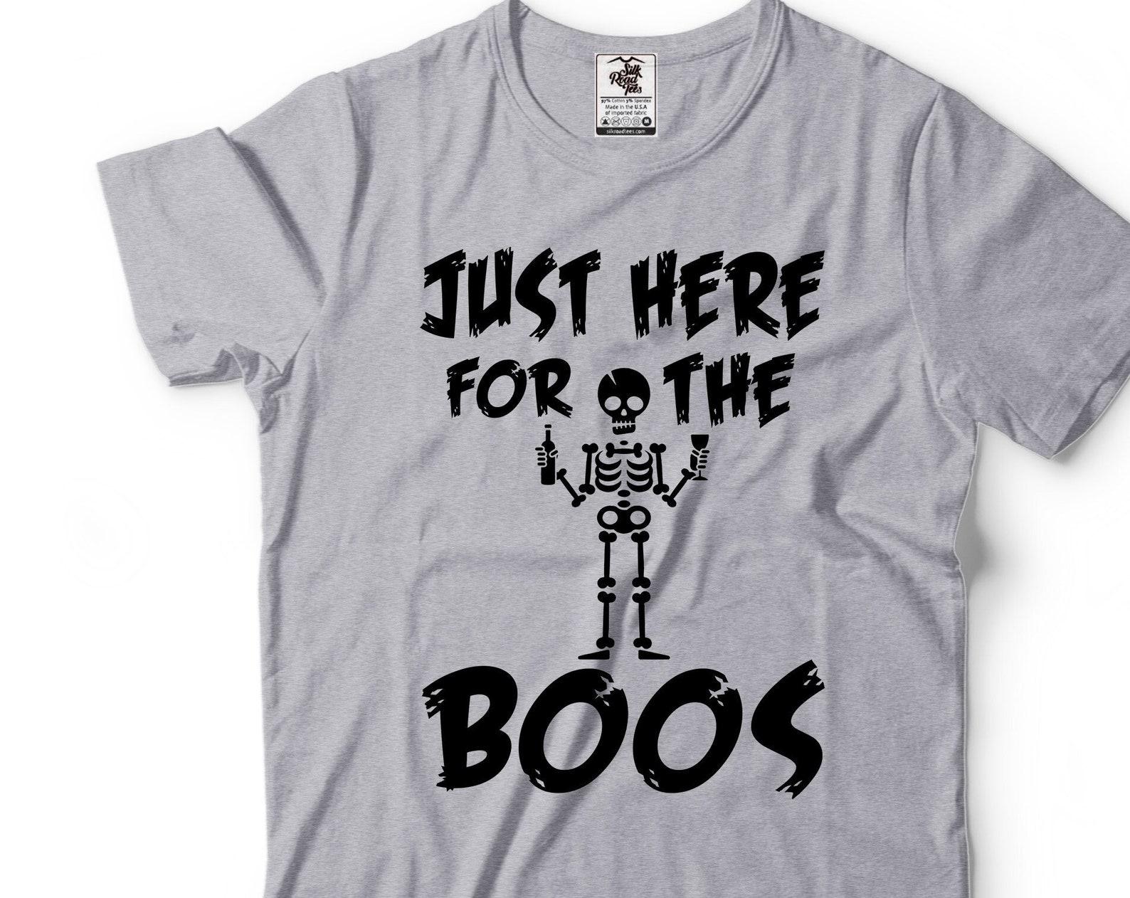 Funny Halloween Shirt: Just Here For The Boos, Skeleton Graphic Tee M