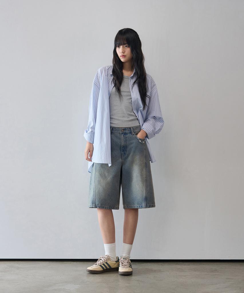 Awodeijeu Wavy Curved Bermuda Denim Pants [Light Blue]