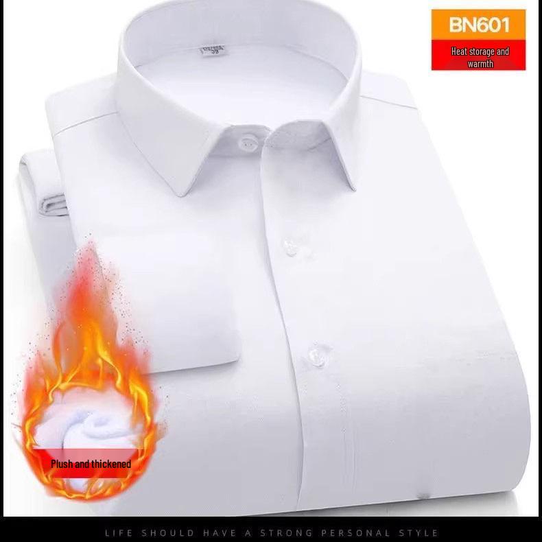 Men's Formal White Velvet-Lined Non-Iron Long Sleeve Shirt with Pocket