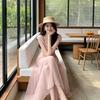 French Slanted Shoulder Pink Printing Atmosphere Waist Mesh Dress Women's Summer High-end Temperament Slim Dress