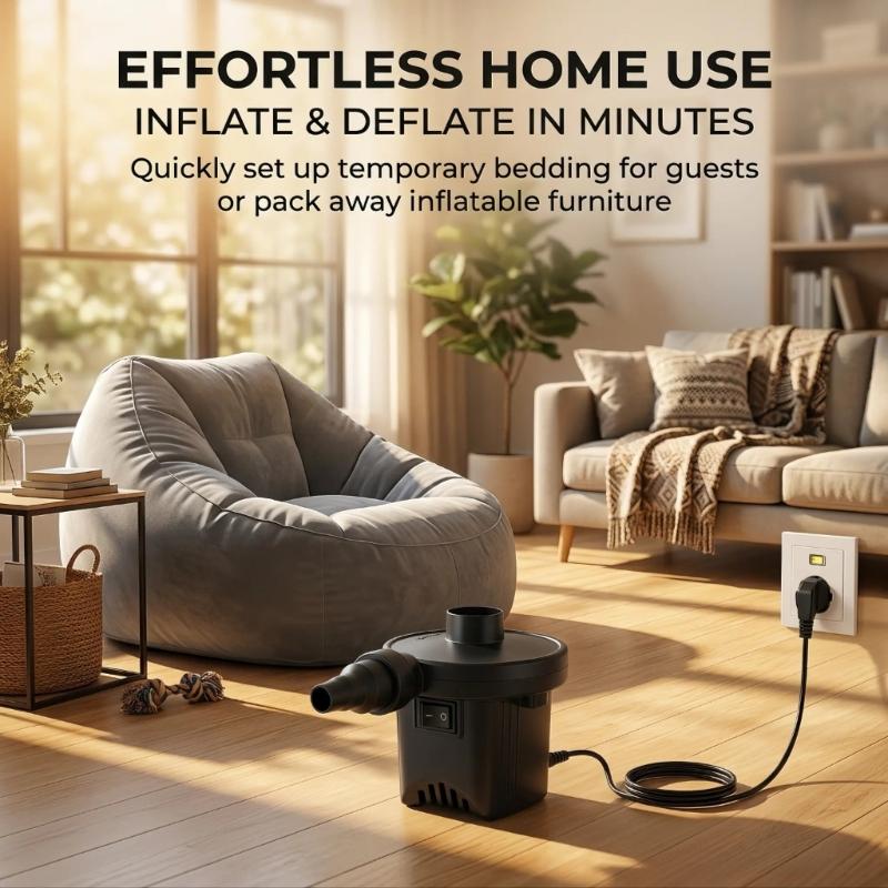 55W Electric Air Pumps with Separate Inflate and Deflate Ports, EU Plug, 12V Vehicle Power Plug, and 3 Nozzles for Fitting Valves