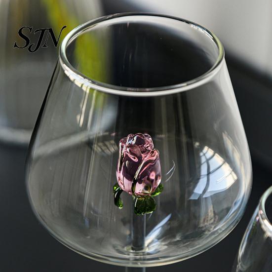 Bicchieri di Lusso per Feste Bicchiere da Vino Rosso con Rose e Foglie Verdi Decorato, Calice Trasparente Squisito Design Floreale, Bicchiere Decorativo,