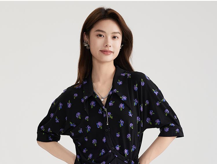 Ladies' Temperament Short-sleeved Dress 2025 Summer Floral Dress, High-end Feeling, Slim and Thin, Medium To Long Skirt