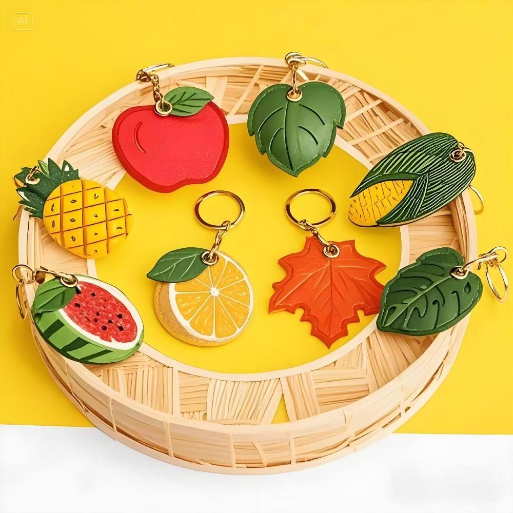 Fruit Green Leaves Cartoon Key Holder Anti-lost PU Fruit Key Rings Leather Keychain  Bag Charm