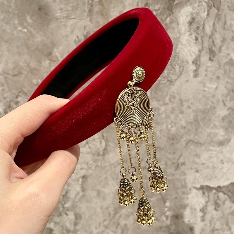 Ethnic Headband Wine Red Christmas Headbands Tassel Pendant Hair Accessory Mixed Materials Retro Hairband For Cosplay Party