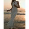 Summer New Satin Halter Dress Women's Sexy V-neck Backless Slim Fit Long Maxi Dress European American Crossbody Women's Clothing