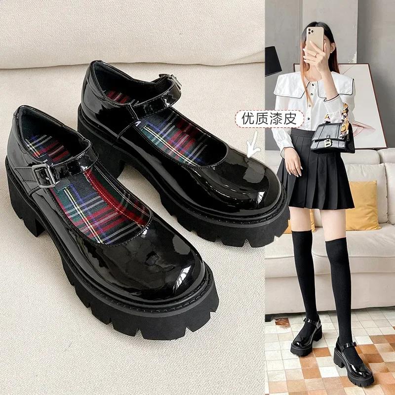New Patent Leather Platform Mary Janes Shoes Women Plaid Inside High Heel Pumps Round Toe Punk Gothic Shoes Luxery Shoes Women