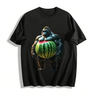 Funny Gorilla Holding Watermelon Graphic Print Short Sleeve T-Shirt Pure Cotton T-shirt