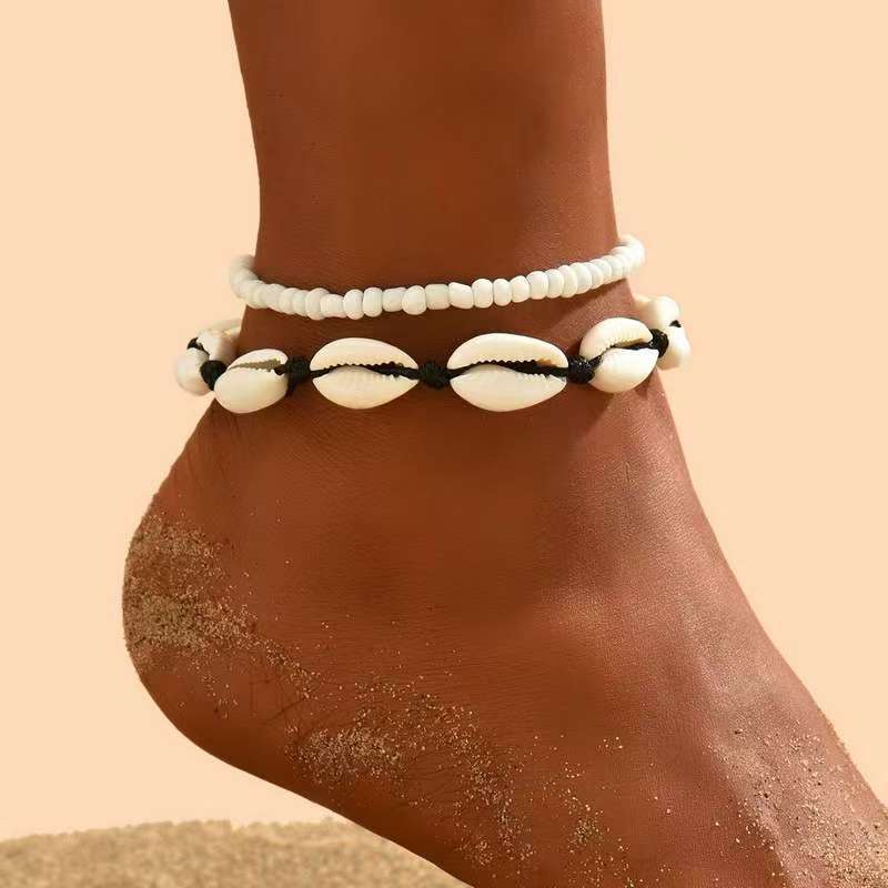 2PCS Summer Beach Anklet Handwoven Adjustable Shell Glass Bead Jewelry For Men Women Stackable Bohemian Vacation Accessories
