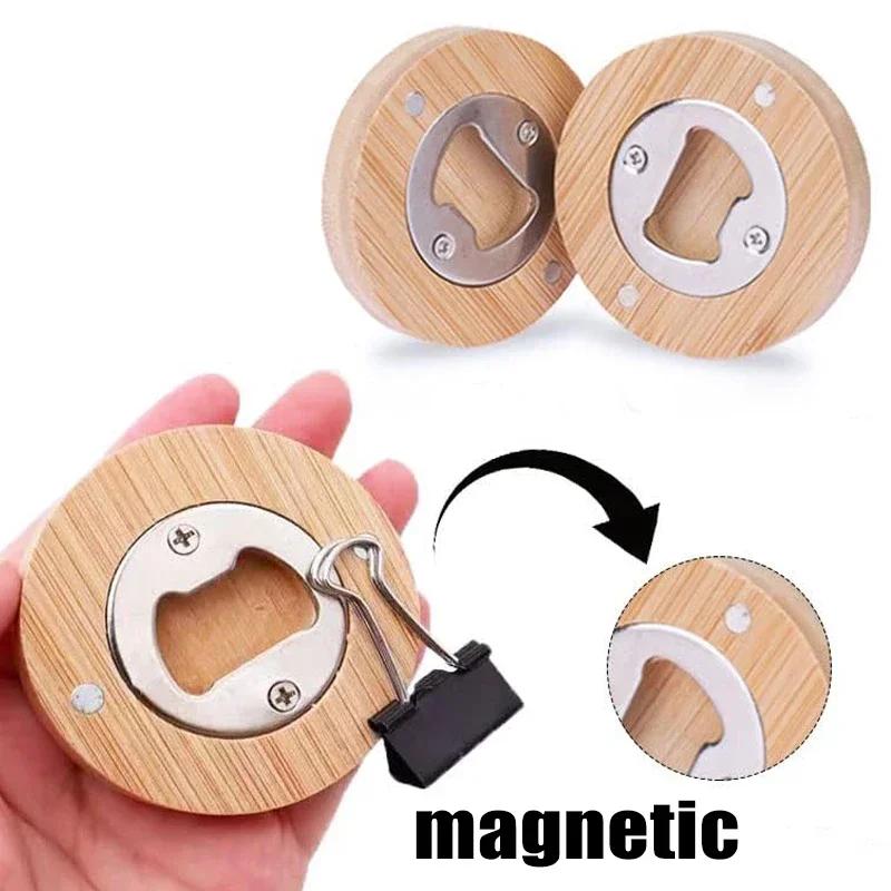 1/10PCS Round Bamboo Bottle Openers Magnetic Beer Bottle Opener Portable Fridge Magnet Opener for Wedding Party Beverages Gadget