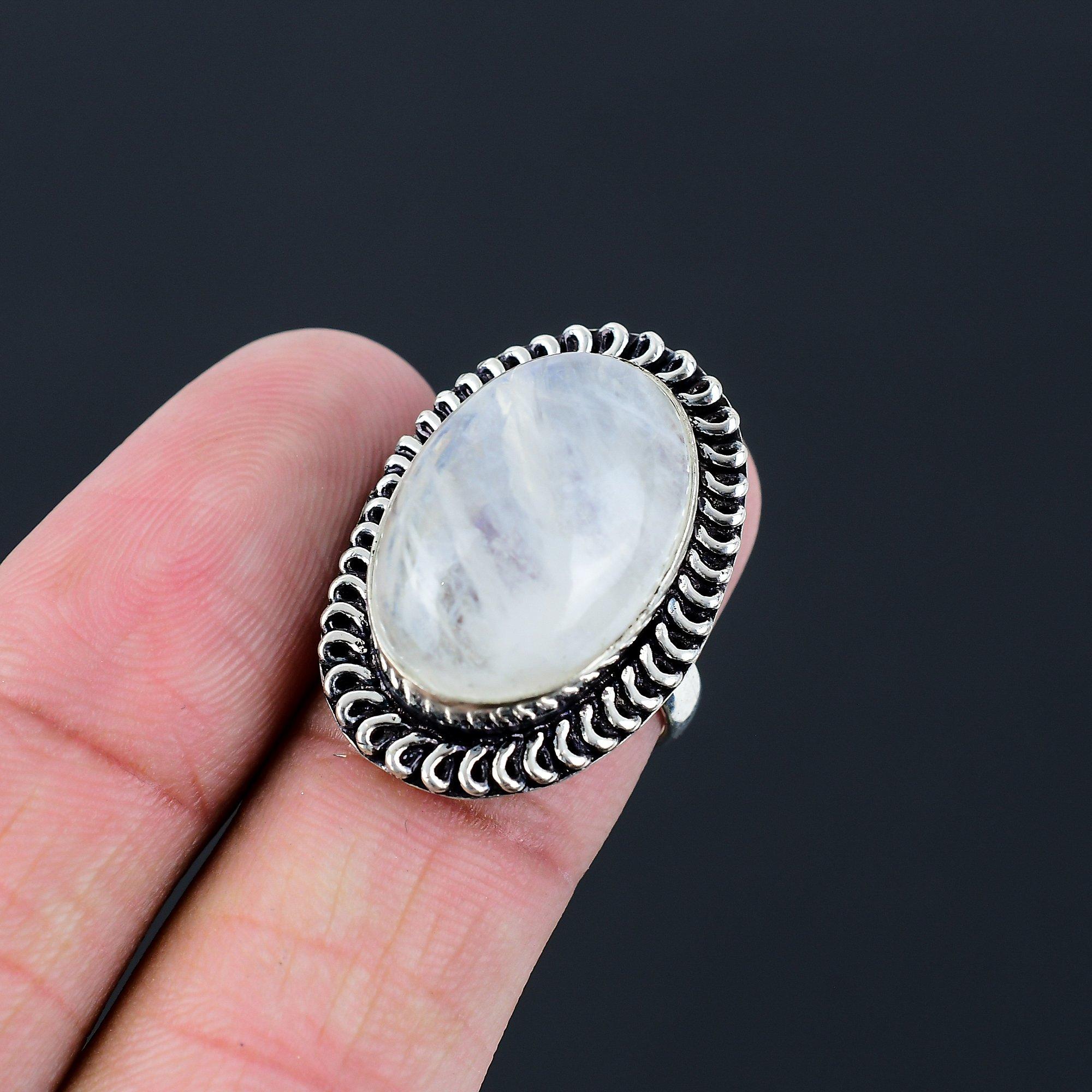 925 Sterling Silver Natural Rainbow Moonstone Anniversary Ring Jewelry US 6.5 6.5