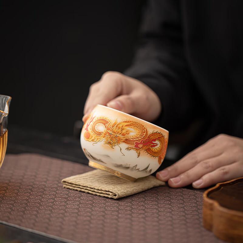 Wang Wenke Mutton Fat Jade Ceramic Dragon Zen Teacup