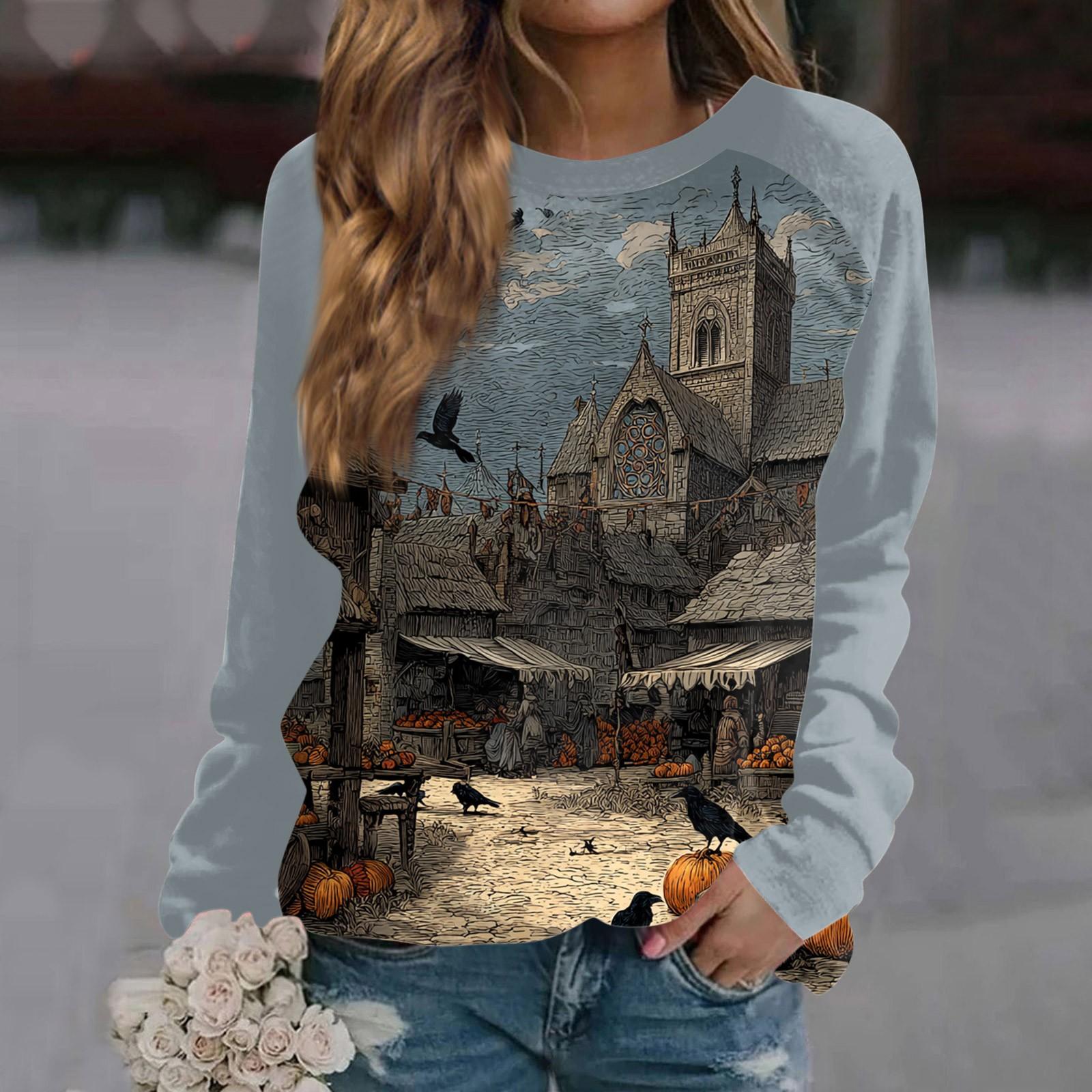 

Women s Fashion Casual Long Sleeve Halloween Printed Round Neck Sweater Top XXL Темно-синій