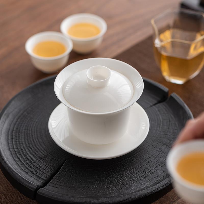 Hover Chinese suet jade porcelain cover bowl large white porcelain not hot, household tea ceramic three talents single tea bowl