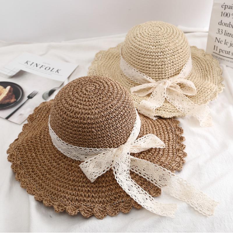 Straw hat female small fresh sunshade lace strap bow hat female summer outing big eaves beach sun hat