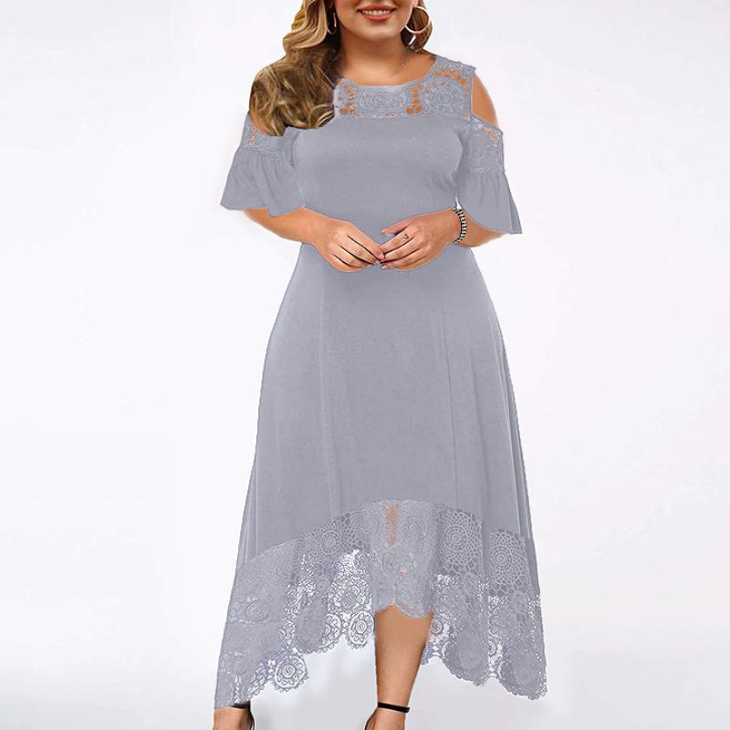 Stickerei Spitze Patchwork Plus Größe Frauen Kleid Ausgestelltes Kurzarm Kalte Schulter