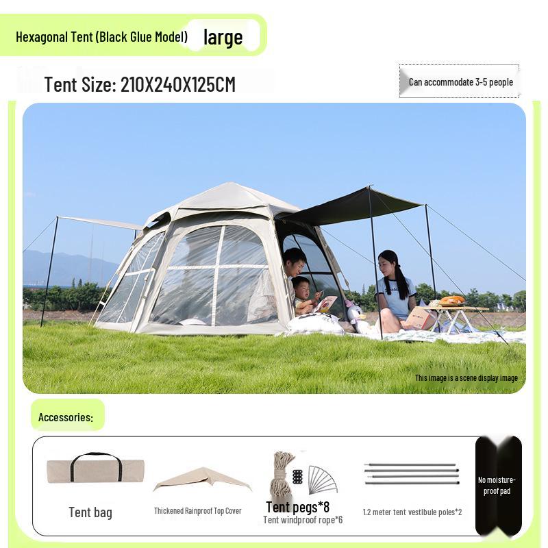 

Шестиугольная быстрораскрывающаяся маленькая туристическая палатка Mountain Guest с защитой от солнца, Оксфордская ткань, Черное покрытие - Многофункциональная уличная палатка для парка 2-4 Person