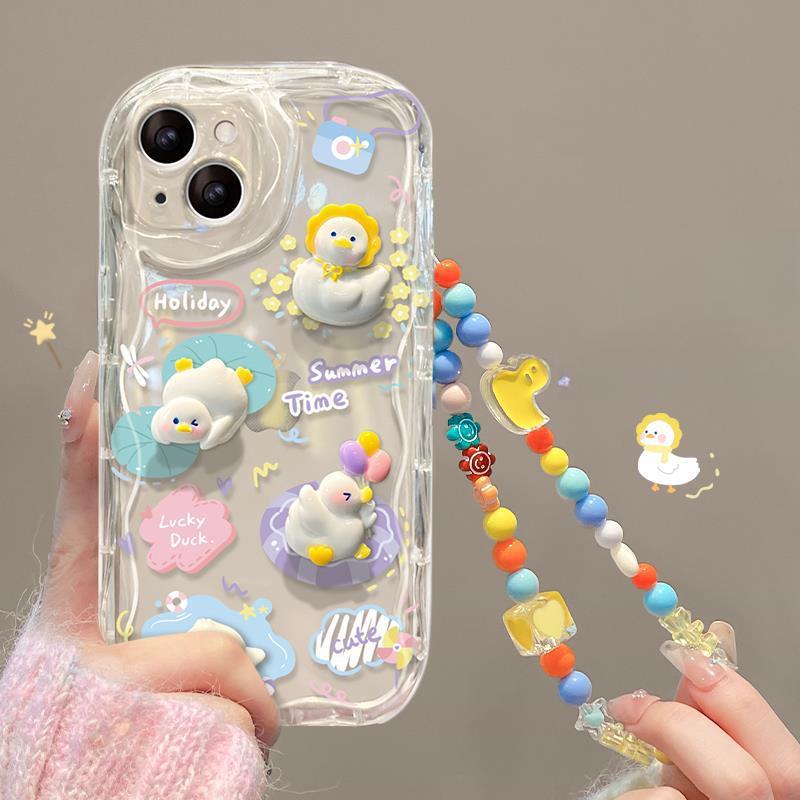Applicable To Apple 16pro Mobile Phone Case IPhone 15 Cute Cartoon Duck Doll Chain 14/13 Transparent Silicone XR