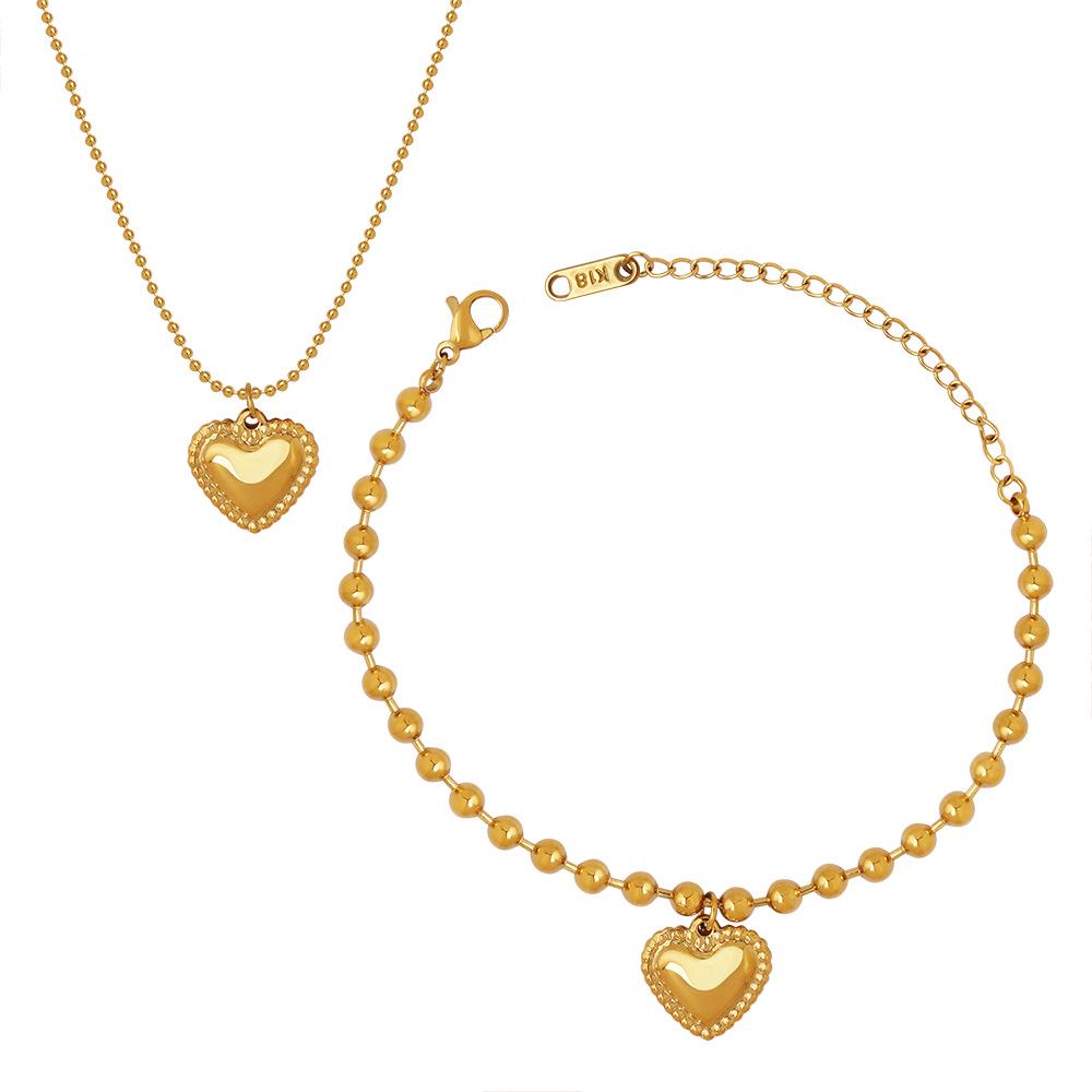 Trendy European & American Couples Peach Heart Necklace & Bracelet Set, Titanium Steel, 18K Gold Plated, Round Bead Chain.