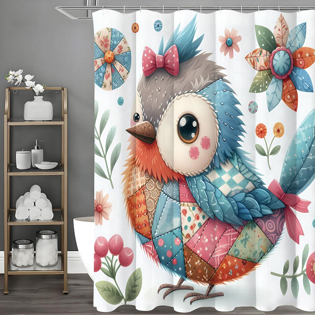 Cute Bird and Flower Collage Art Shower Curtain, Bathroom Decorative Shower Curtain, Waterproof Shower Curtain with Hooks