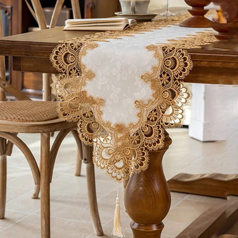 European Lace Hollow Table Runner with Tassels Luxury Dust-Proof Tv Cabinet Cover Cloth Retro Long Tablecloth for Wedding Party