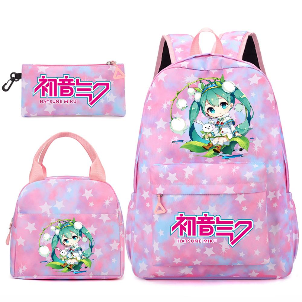 3 Stück/Set Anime Cartoon Hatsune Miku Bedruckter Rucksack Handtasche Federmäppchen für Teenager Schüler Mädchen Jungen Große Kapazität Wasserdicht Schultasche Reisetasche