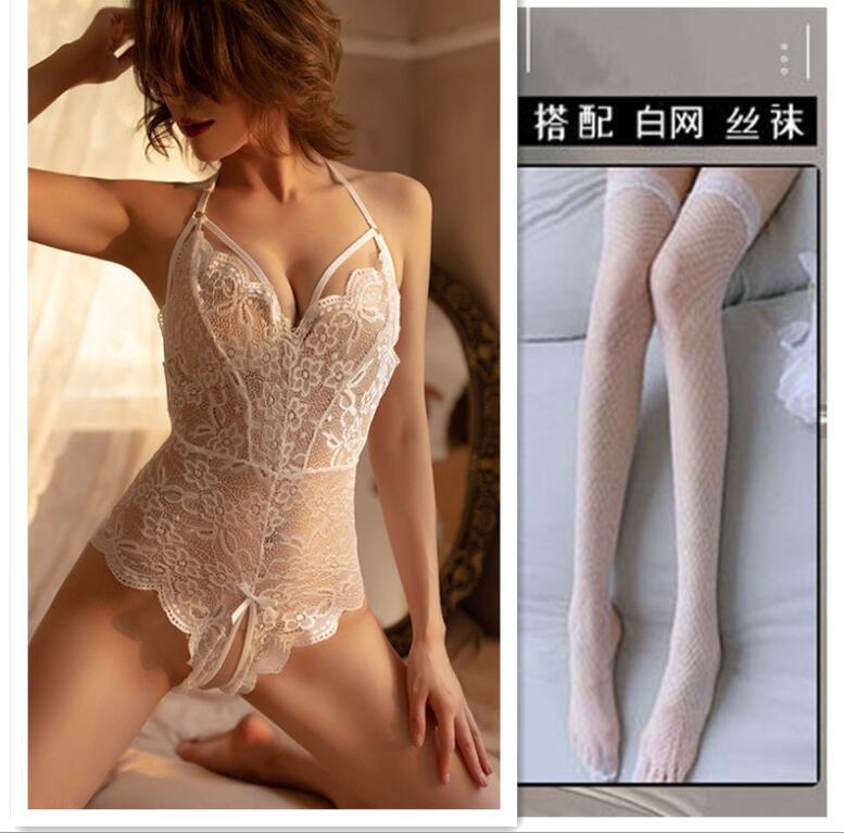 Lace perspective seduction lingerie sexy hot onesie open crotch free sex suit passion pajamas women