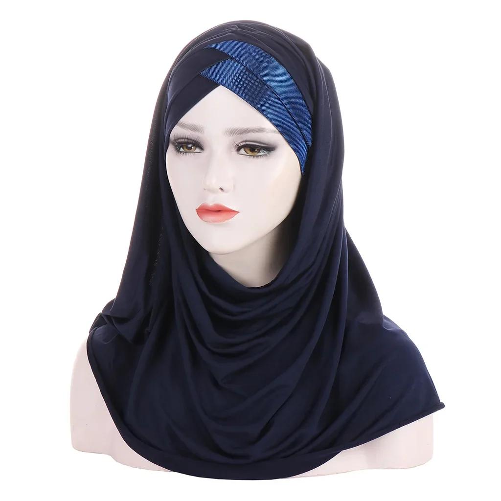 Sofort-Hijab Jersey-Hijabs Für Frauen Kreuz Stirn Pailletten-Turban Muslimische Frauen Hijab-Schal Türkischer Baumwoll-Hijab Für Frauen