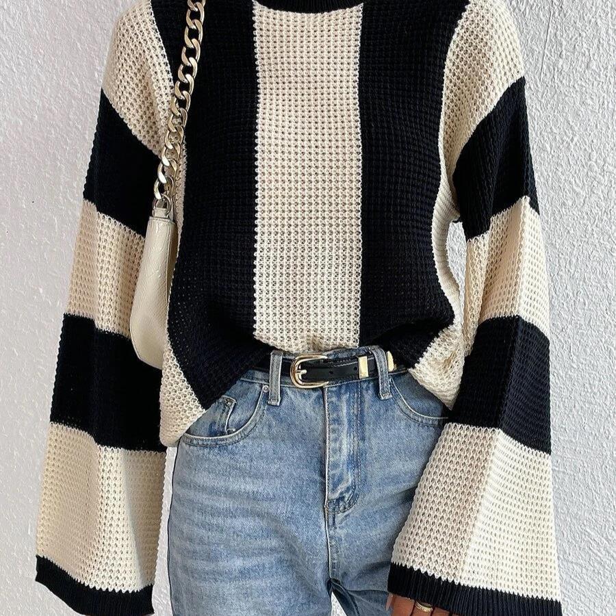 Lady Outwear Pullovers Striped Loose Fit Knitted Pullovers Women Autumn Spring Fashion Long Sleeve Knitwear Sweater Sexy