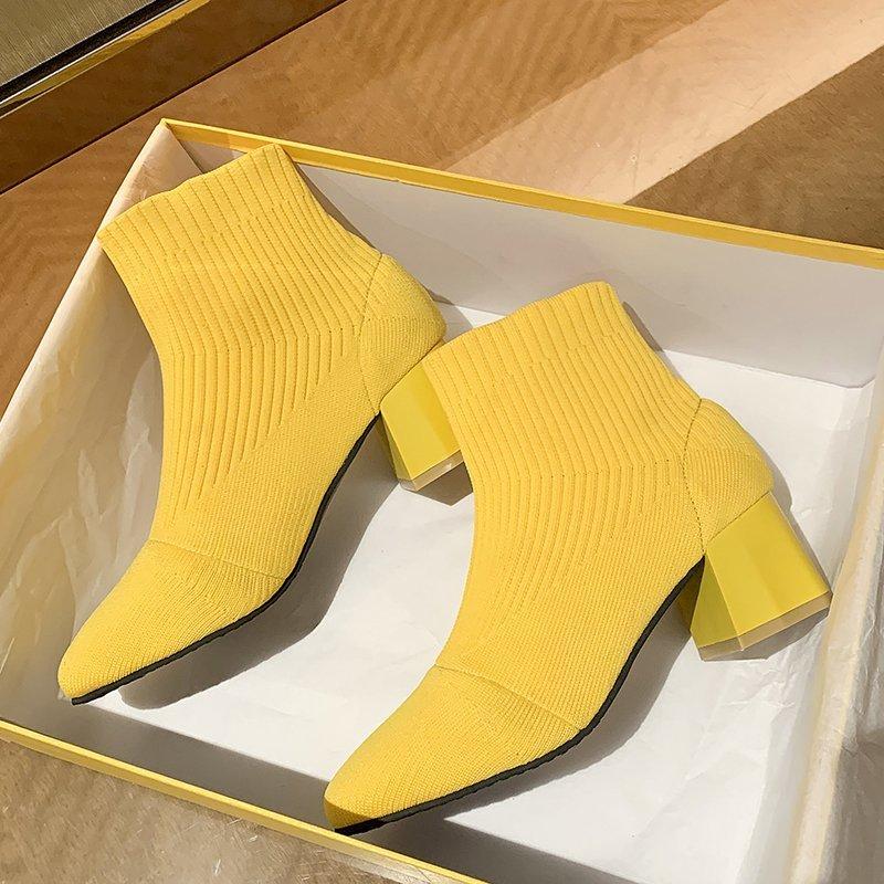 

Модные весенне-осенние новые носки-ботильоны с квадратным носком, блочным каблуком, каблуком-рюмочкой, высоким каблуком, вязаные, больших размеров, женские ботильоны 40 жёлтый