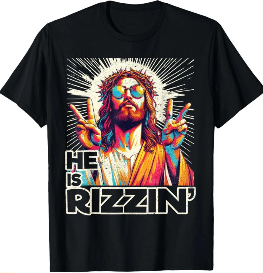 Retro He Is Rizzin Funny Jesus Has Rizzen Easter Christian T-shirt size S-5XL XXXXL