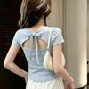 Design Bow Back Hollow Front Shoulder Short Sleeve T-Shirt Women's Summer Unique Beautiful Top