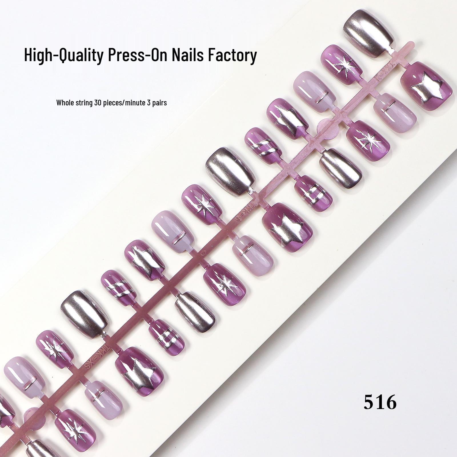 Short Blazing White Moonlight Cat Eye Press-On Nails with Gold-Plated Purple and Silver Stars French Tips