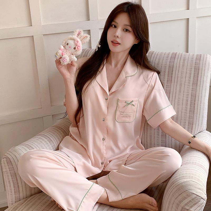 Women's Summer Cooling Ice Skin Pajamas with Built-in Cups, Short Sleeves, Cardigan Style, No Bra Needed, Acetate Silk Homewear.