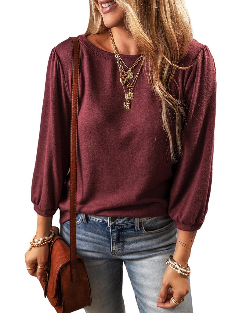 Azura Exchange Red Dahlia Solid Color 3/4 Sleeve Round Neck Top