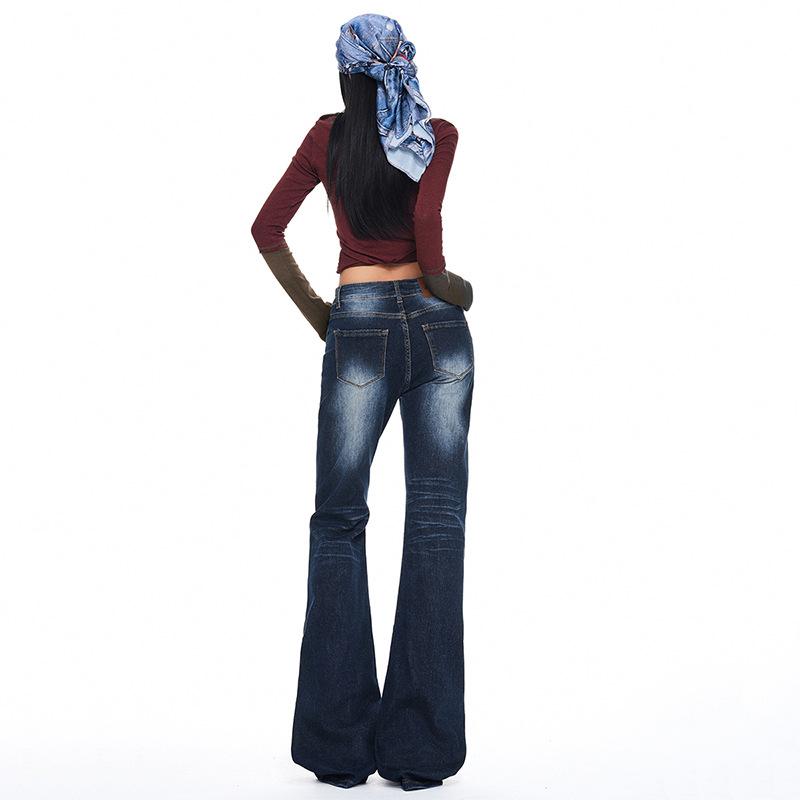 American Spice Girl retro nostalgic micro-pull jeans women's autumn new elastic and thin versatile horn pants