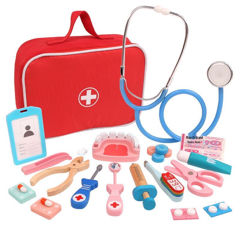Wooden Toddler Doctor Kit: Nurse Bag Pretend Play Toy Set