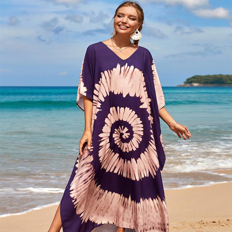 2022 Multicolored Kaftan Bohemian Printed V-neck Batwing Sleeve Street Wear Maxi Dress Women Beach Wear Swim Suit Cover Up Q1342