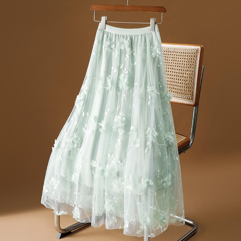 Gonne elasticizzate in stile coreano da donna con ricami floreali in rete, gonne lunghe in garza da ballo, gonne di media lunghezza
