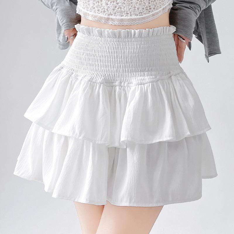 White Chiffon Cake Short Skirt for Women In Summer Small Pleated High Waist Slim Ruffled A-line Fluffy Skirt