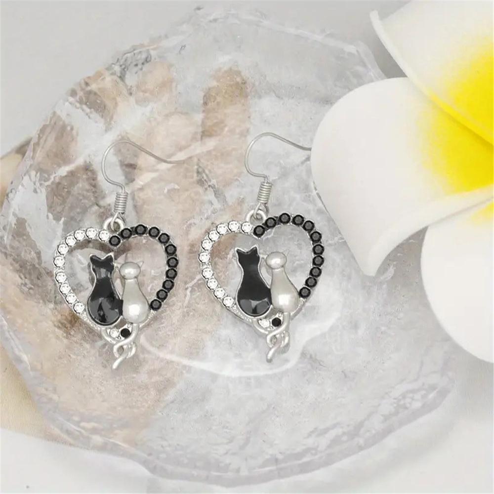 Charm Female White Black Zircon Stone Cat Animal Drop Earrings Cute Trendy Bridal Silver Color Dangle Wedding For Women