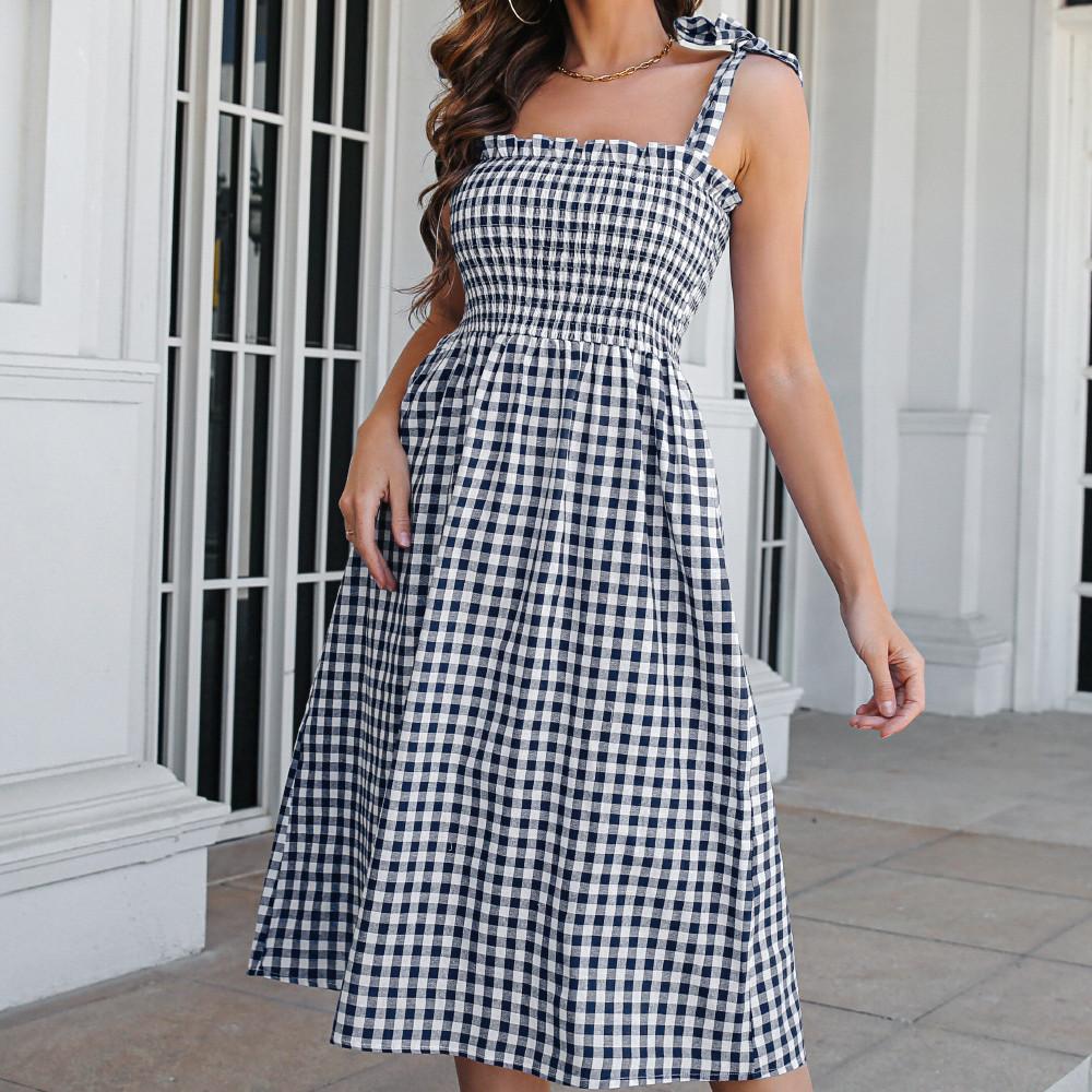 

QICED женская мода лето весна клетчатый принт без рукавов с квадратным воротником и высокой талией повседневные платья XL чёрный