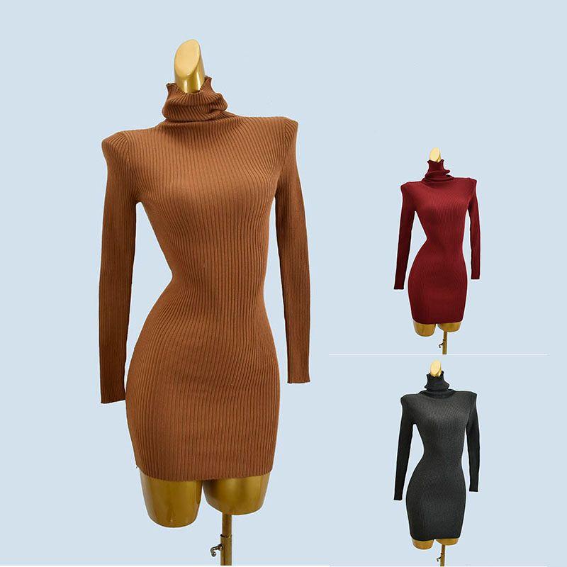 Pile Collar Pure Color Short Silm Hip Knitwear Dress Sweater Inner Soft Stretch Women's Clothing