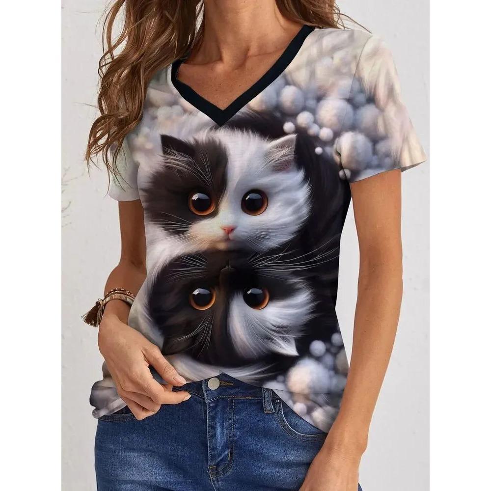 Summer V-neck Cute Cat Pattern 3D Printed Top Fashionable Casual Short Sleeved Women's T-shirts