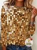 Golden Sequin and Faux Pearl Sequin All-over Print Long Sleeve T-shirt. Women's Round Neck Loose Fit Long Sleeve Top