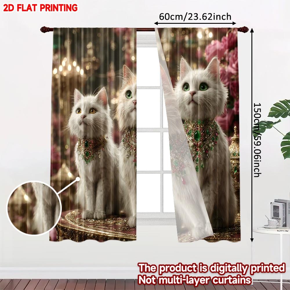 Set Of 2 Royal Cat Curtains White Cats Gemstone Collars Gold Pink Floral Background Luxurious Living Room Decor Curtain Polyester Ideal For Great